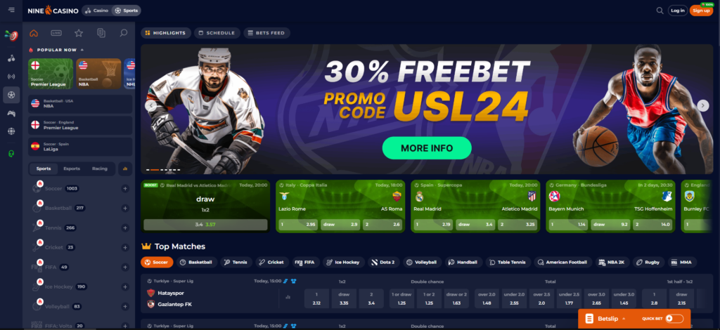 NineCasino - Изглед на вебсајт