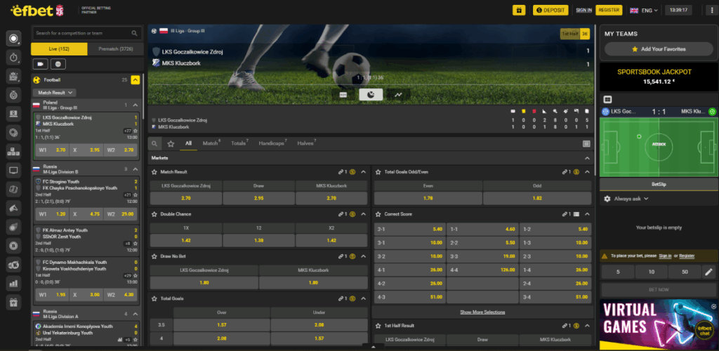 Efbet - кладење во живо