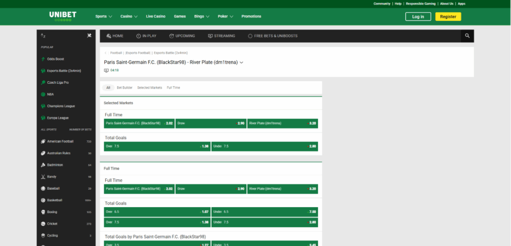 Обложување во живо во Unibet онлајн обложувалница