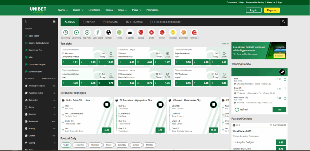 Насловна страна на Unibet обложувалница